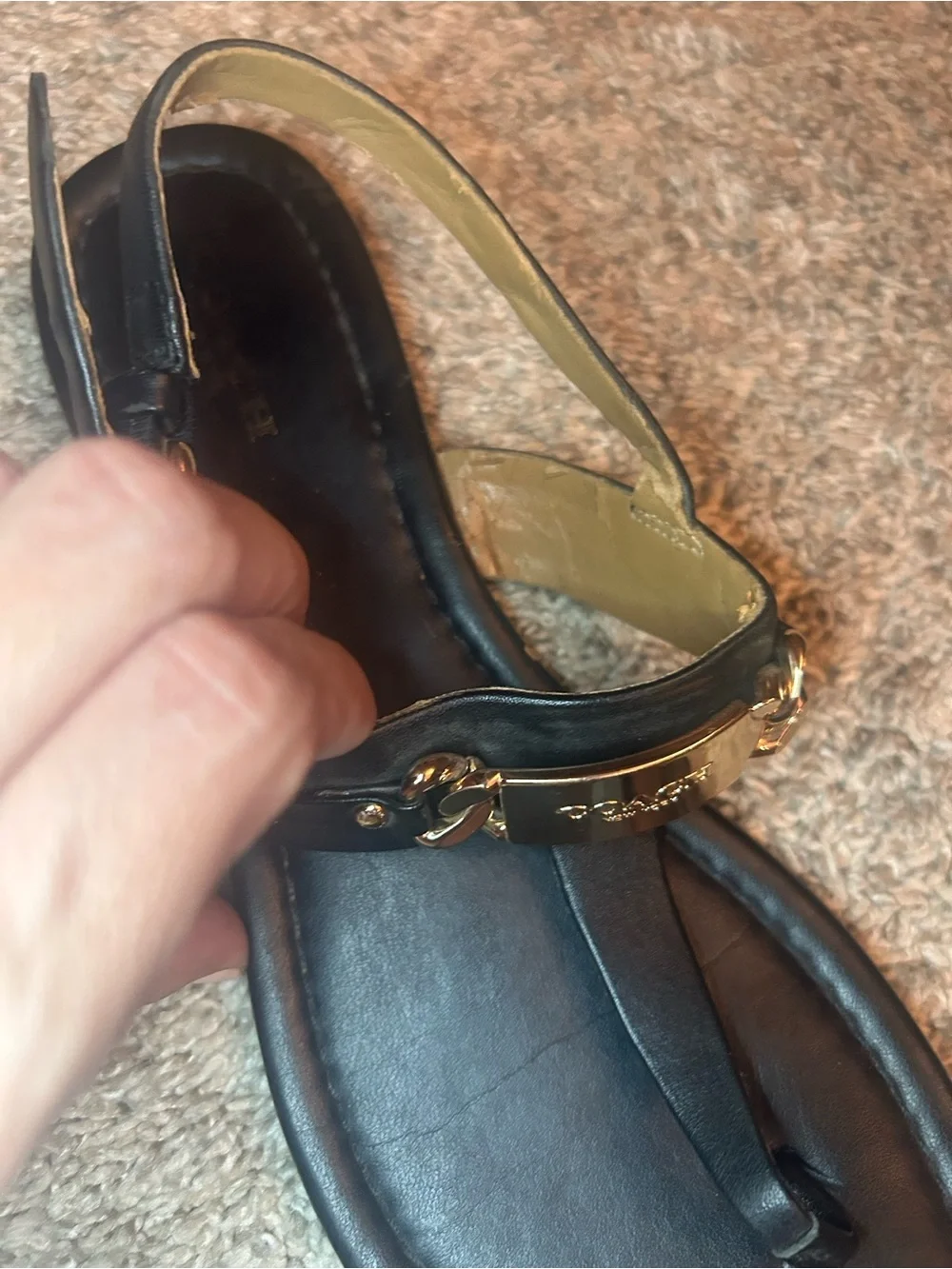 Coach Classic Black Leather T-Strap Sandals with Gold Hardware